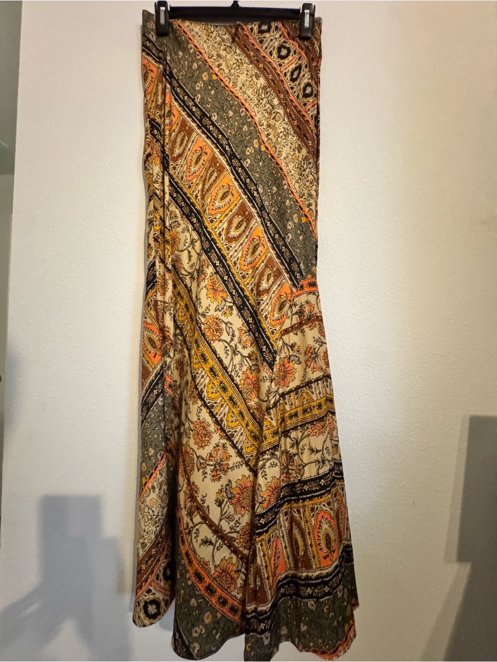Free People XS Cream A LINE Skirt with Olive, Mustard and Orange Paisley Panels